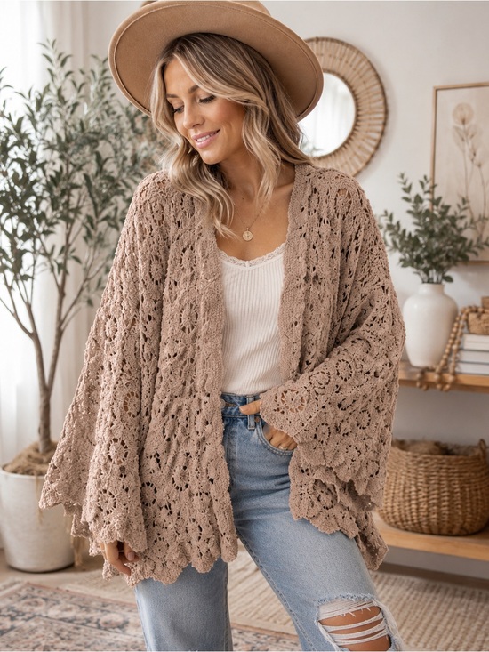 POL Sweaters - POL Taupe Chenille Crochet Open Front Cardigan One Size Boho Oversized